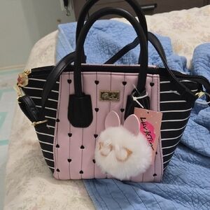Betsey Johnson Pink and Black Striped Shoulder Bag